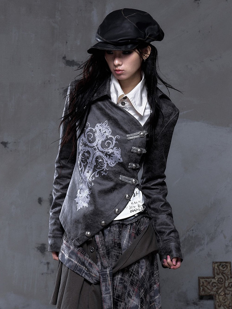 Gray-Brown Vintage with Jacket Cross Dark Punk Street Print Placket Asymmetrical Button