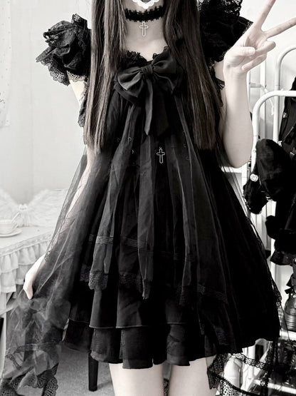 Onyx Landmine Trio: Camisole Dress, Asymmetric Tulle Overlay, Choker - Pink Rabbit