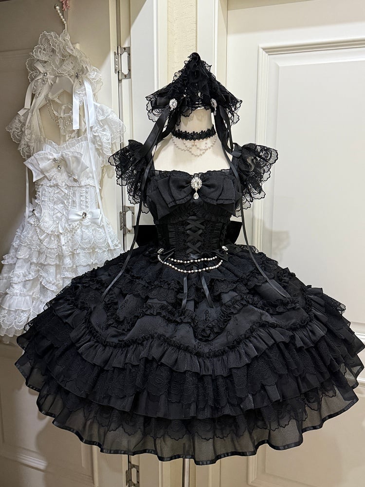 Dark with Details Hanayome-Style Bows Black Lolita Multi-Layer Lace Rhinestone Dress JSK