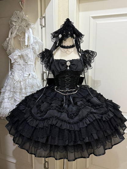 Dark with Details Hanayome-Style Bows Black Lolita Multi-Layer Lace Rhinestone Dress JSK