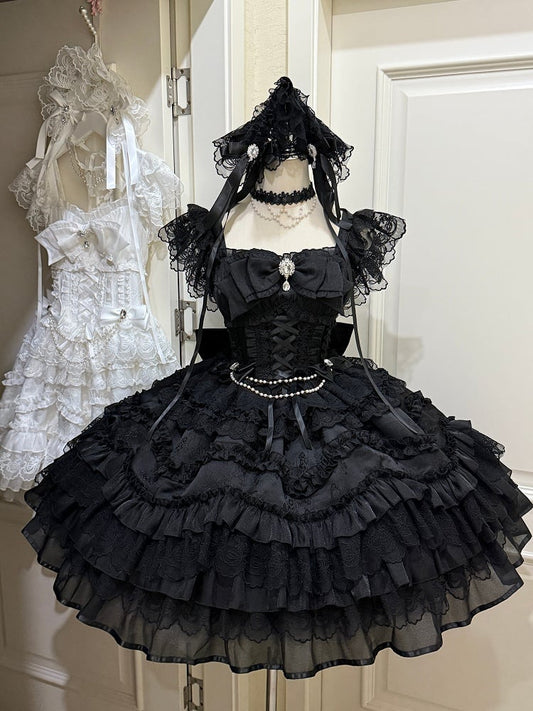 Dark with Details Hanayome-Style Bows Black Lolita Multi-Layer Lace Rhinestone Dress JSK
