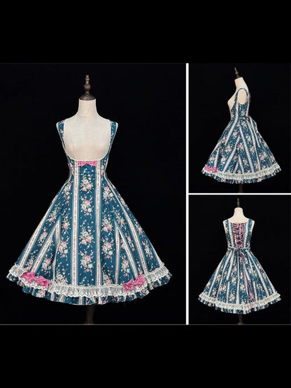 Teal Floral Print Bustier Lolita Dress with Back Lace-Up Detailing - Miss Cube Dressworks