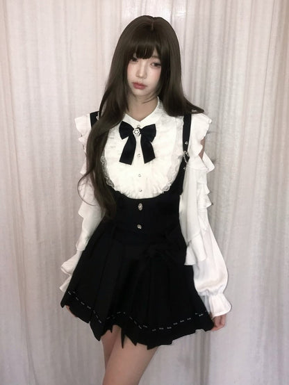 Kei Details Cutout White With Bow Ruffle Shoulder Overall Skirt Long Black Pleated Sleeve Blouse Jirai Lace Set +