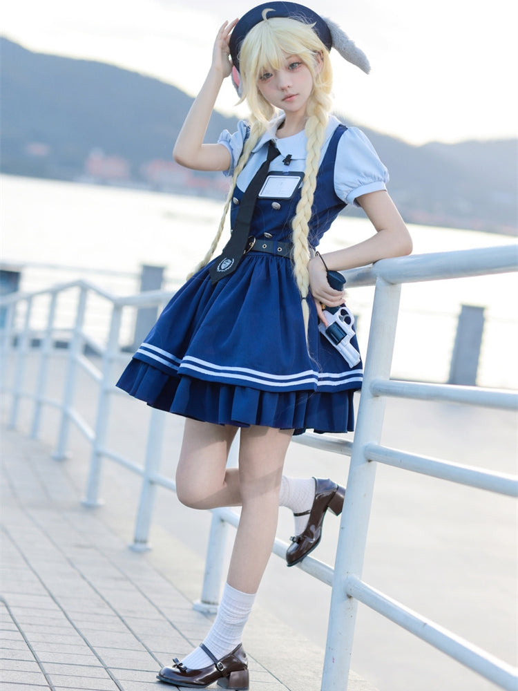 Marineblaues Kleid mit Peter-Pan-Kragen und kurzen Ärmeln, zweiteilig