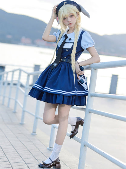 Marineblaues Kleid mit Peter-Pan-Kragen und kurzen Ärmeln, zweiteilig