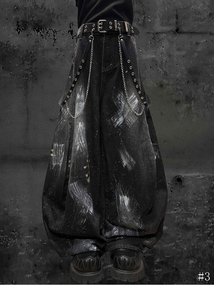 Distressed Graffiti Jeans Paint Wide-Leg and with Black Splatter Cross