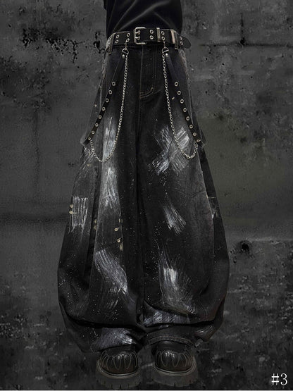 Distressed Graffiti Jeans Paint Wide-Leg and with Black Splatter Cross