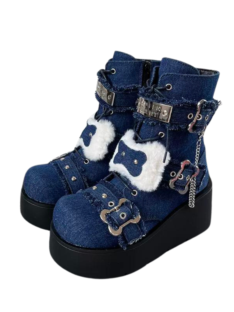 Bone Short Denim Toe Round Small Boots Platform