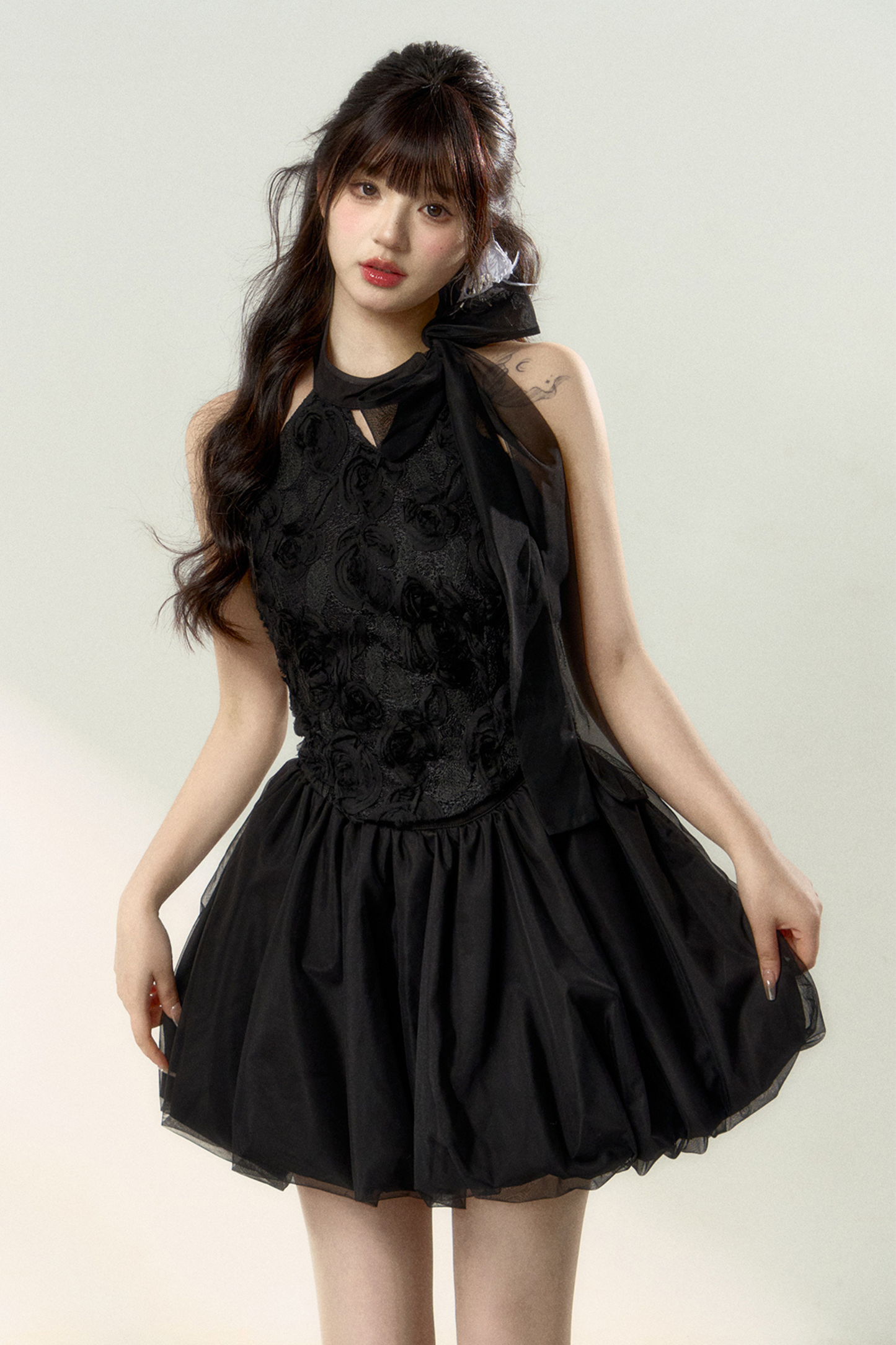 ロング丈＆スイートなノースリーブショートフラワーフレンチスカートバルーントップ