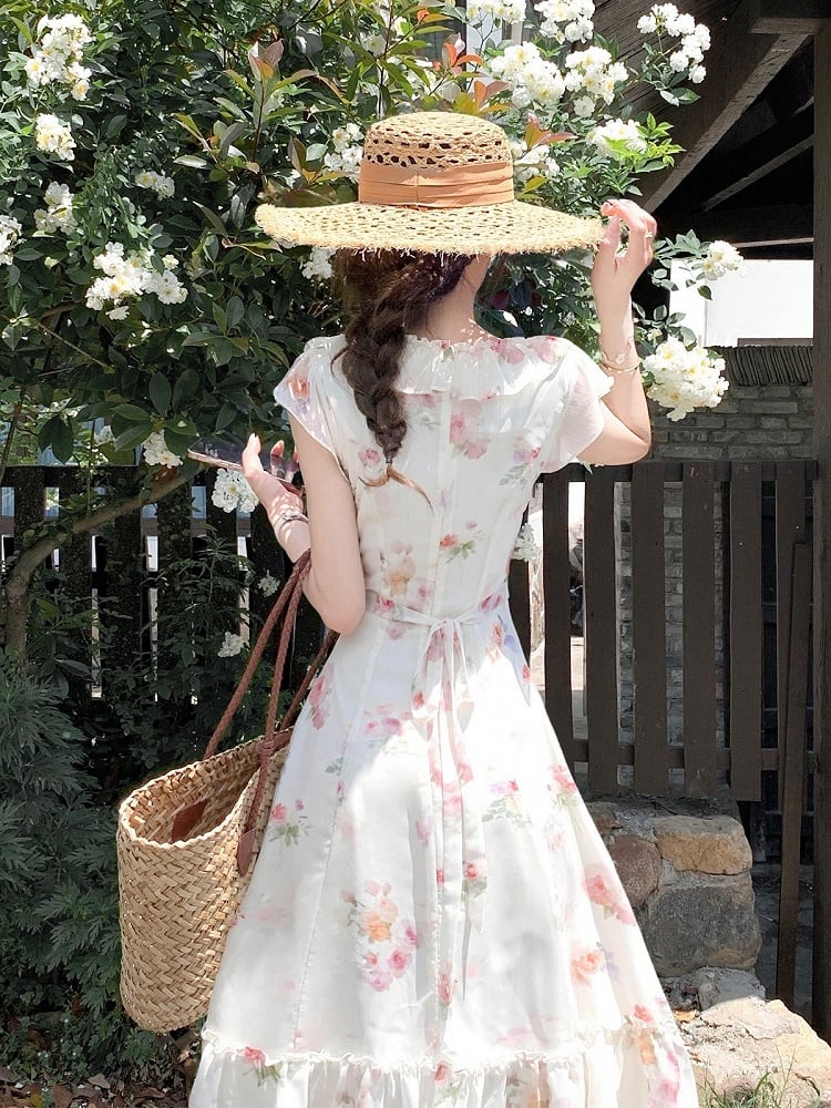 Apricot Summer Vacation Dress with Floral Pattern - Qchiwawameme