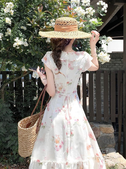 Apricot Summer Vacation Dress with Floral Pattern - Qchiwawameme