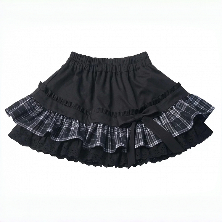 Vintage Black Plaid Tiered Ruffle Skirt with Lace Trim & Bow Accents - PINK SAVIOR