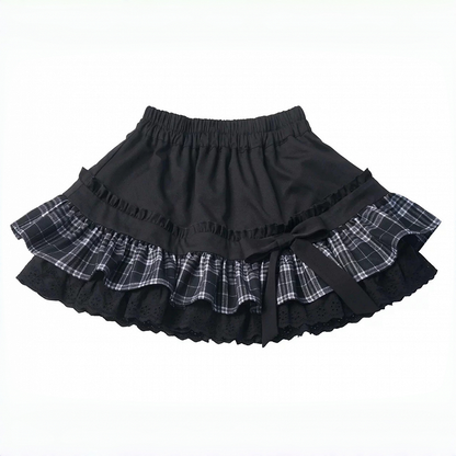 Vintage Black Plaid Tiered Ruffle Skirt with Lace Trim & Bow Accents - PINK SAVIOR
