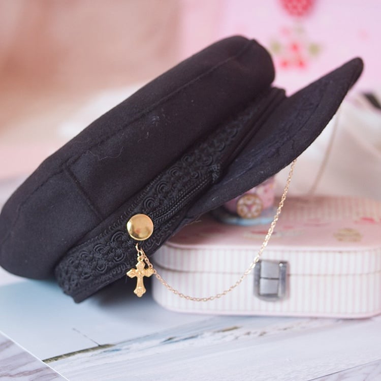 2 Options Black Beret with Golden Cross Chain