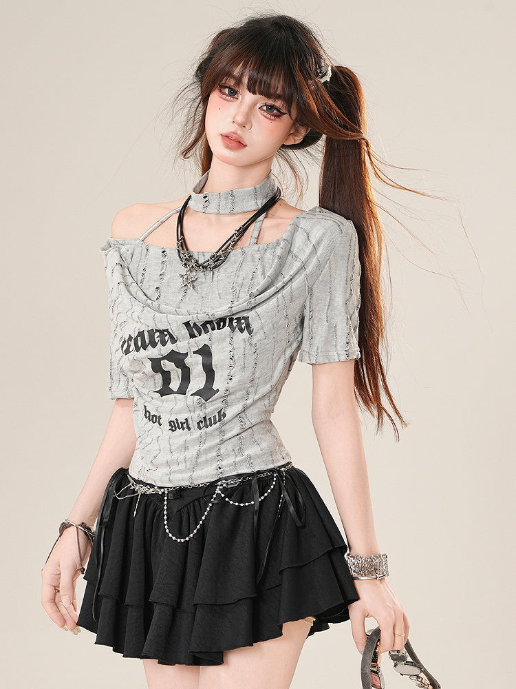 Glamorous Bittersweet Letter T-Shirt Nummer Grau/Schwarz und Aufdruck