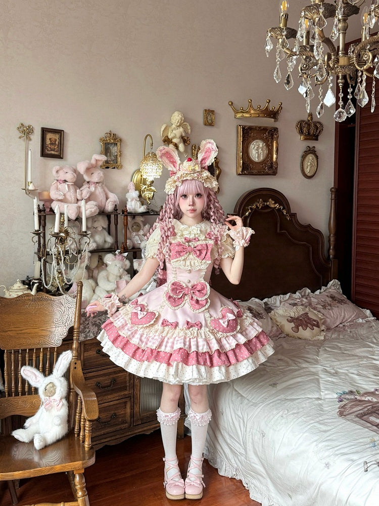 Pink Layered Sweet Lolita JSK Gown Featuring Oversized Bow & Heart Motifs - Sweet Crystal