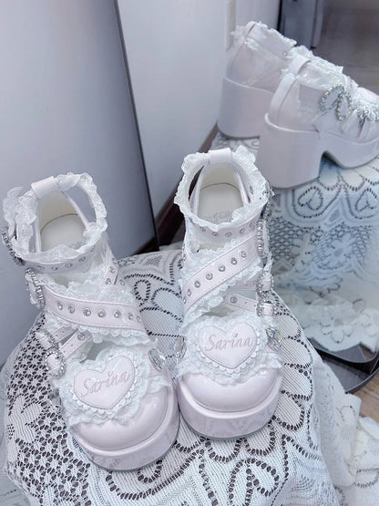 Plateau-Absatz mit Strass-Dekor und Absätzen: – Schnallenriemen Kei Criss-Cross Pink Chunky Lace High Jirai