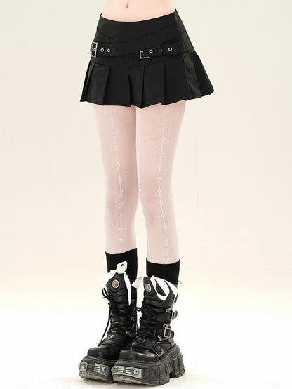 Black Buckle Skirt Straps Pleated Criss-cross Mini