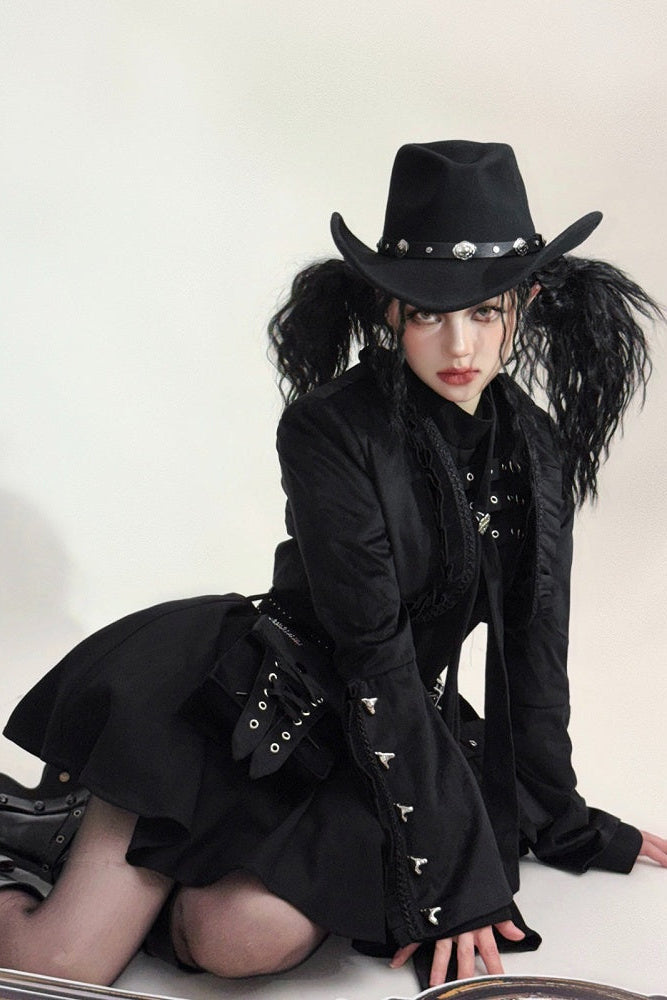 Steampunk Brown x Gothic Black Velvet Ruffle Heart Motif Cuff Cropped Jacket