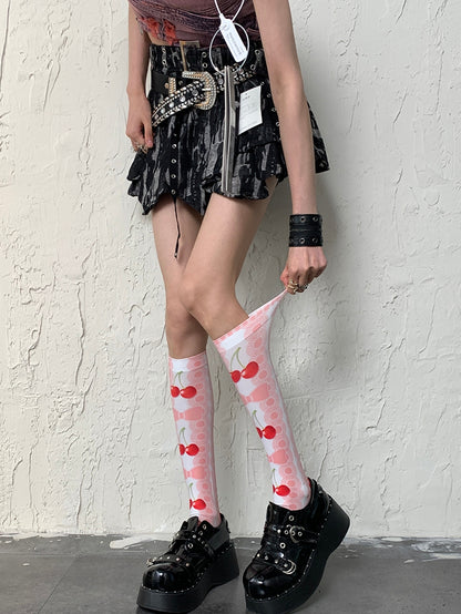 Stockings Print Pink Bowknot And Cherry Underknee Y2K