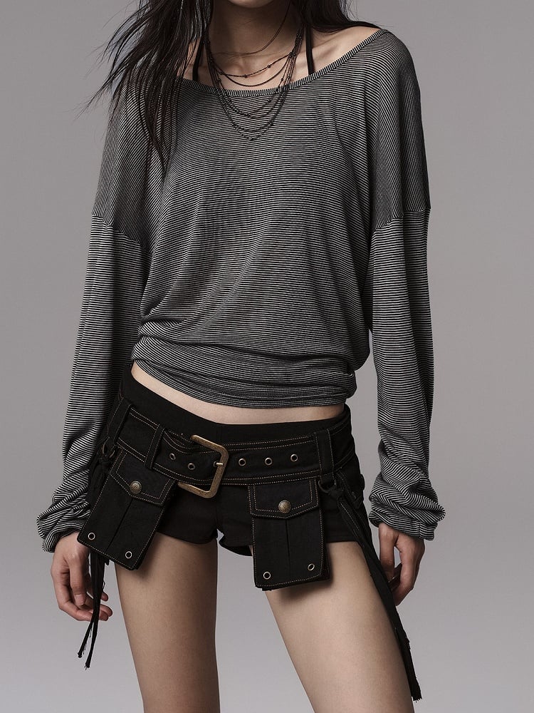 Gray Top Vintage Long Sleeve Ruched Stripped Design - V-neck
