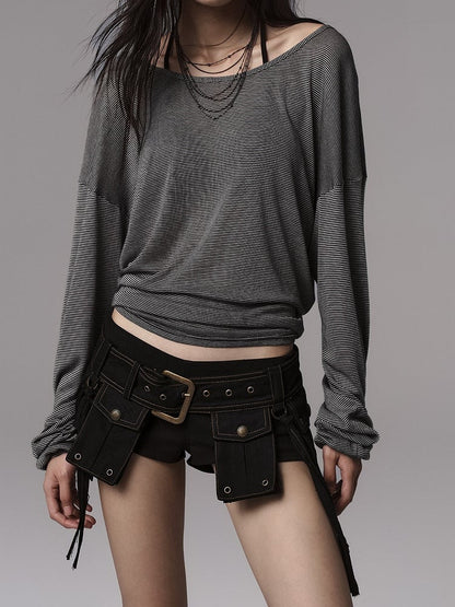 Gray Top Vintage Long Sleeve Ruched Stripped Design - V-neck