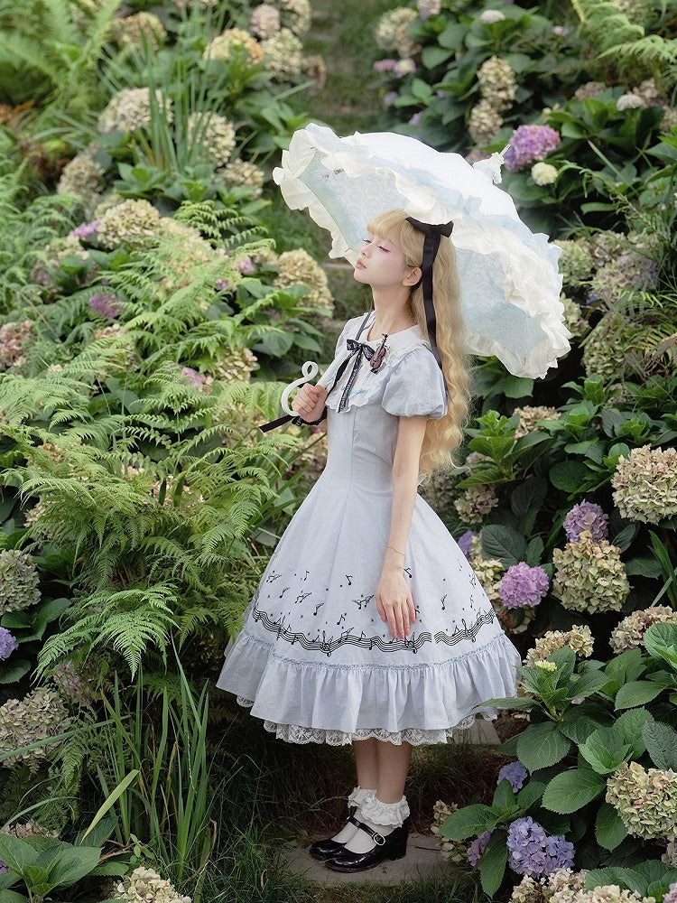 Light Blue Embroidered Music Note Lolita Gown with Panel Skirt and Puff Sleeves - Surface Spell
