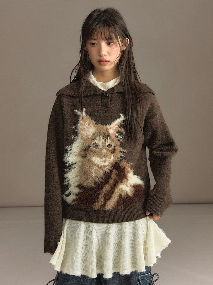 Beige/Brown Cozy Loose-Fit Pullover Sweater with Cat Design and Convertible Collar