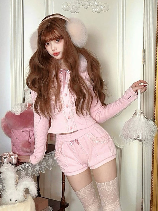 Pocket With Fleece Bow Lace-Trimmed Knit Shorts Pink