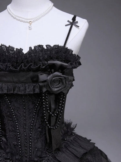 Black Elegant JSK Dress with Pearl and Floral Brooch - Airfreeing