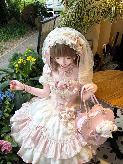 Ballet Pink Square Neck Puff Sleeve Lolita Dress with Roses - Rose Weaving Poetry