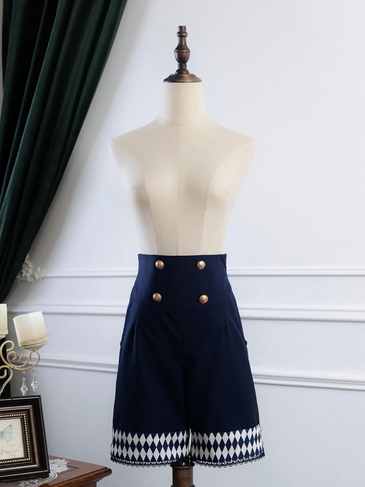 Dark Ouji Lolita Diamond Blue Cuffs Pattern Straight-leg Shorts