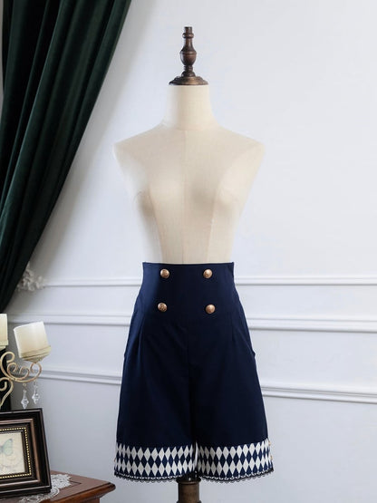 Dark Ouji Lolita Diamond Blue Cuffs Pattern Straight-leg Shorts