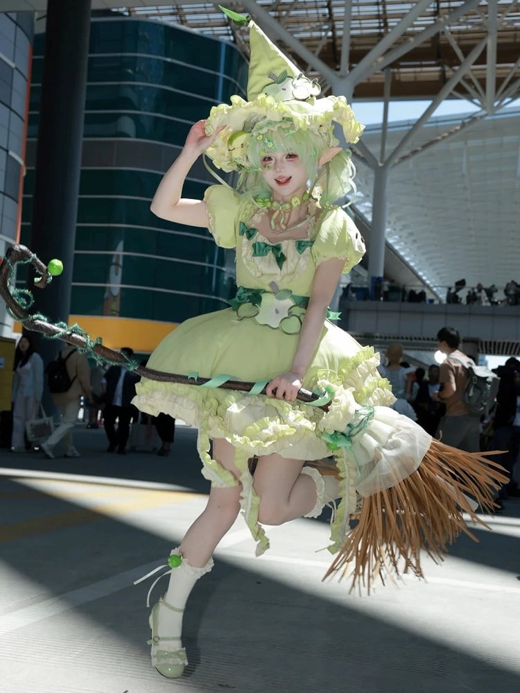 Green Ruffled Sweet Lolita Fluffy OP Dress Full Set