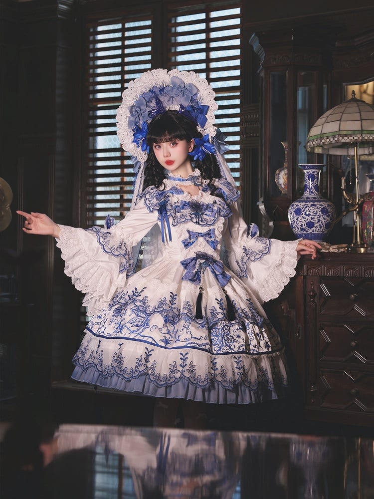 Blue Porcelain Butterfly Chinoiserie and Embroidery White Fabric