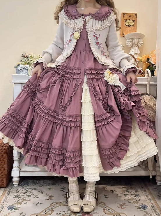 with Elegant Dress Purple Long Lolita Button-Front Tiered Sleeves Ruffle Detail