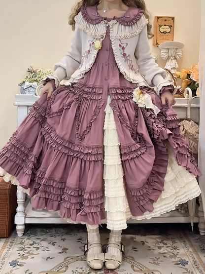 with Elegant Dress Purple Long Lolita Button-Front Tiered Sleeves Ruffle Detail