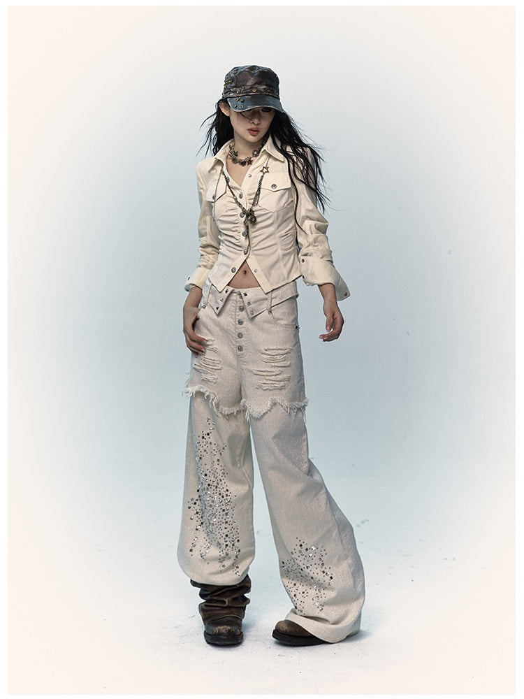 Aprikosenfarbene Distressed-Jeans mit weitem Bein und Strass