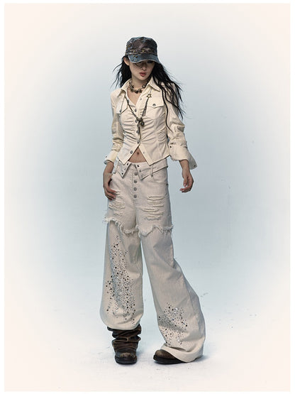 Aprikosenfarbene Distressed-Jeans mit weitem Bein und Strass