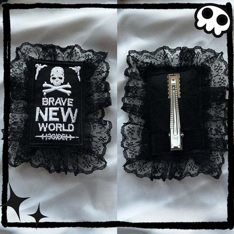 Skelett Y2K Spitzen Haarspange und schwarze Buchstabenstickerei