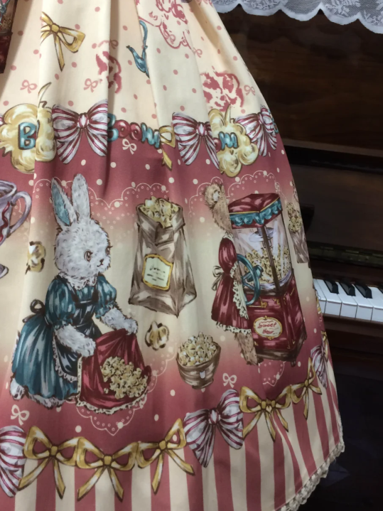 Beige Short Sleeve Halter Lolita OP Dress with Popcorn Bear Theme & High Waist, Long/Short Version - Sweet Dream