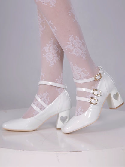 - with Heart Straps Mid Elegant Heels Cutout White PU Lolita Buckle Triple Heel Leather