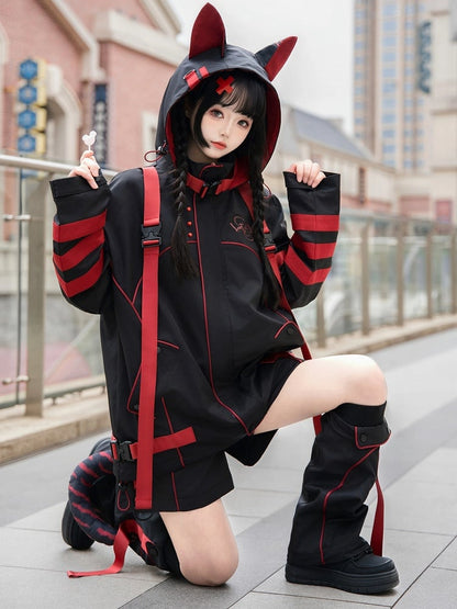 Black and Red Futuristic Techwear Landmine Style Shorts Leg Warmers