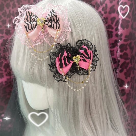 Pink/Black Hairclips Fashion - Zebra Hime Gyaru Print