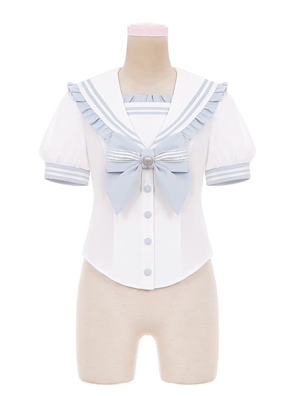 Sailor Collar Light Blue Bow Ruffled Accent Sweet Lolita Blouse