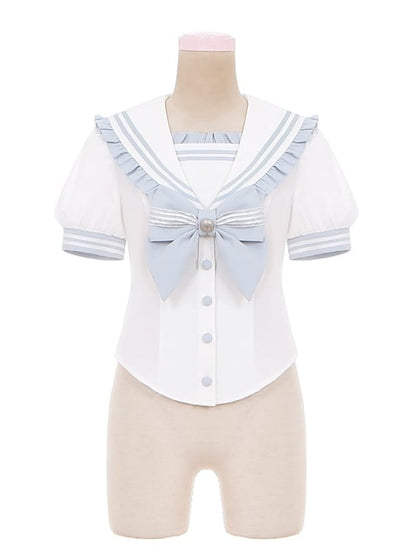 Sailor Collar Light Blue Bow Ruffled Accent Sweet Lolita Blouse