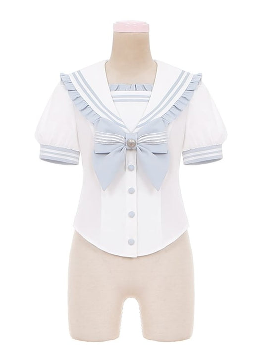 Sailor Collar Light Blue Bow Ruffled Accent Sweet Lolita Blouse