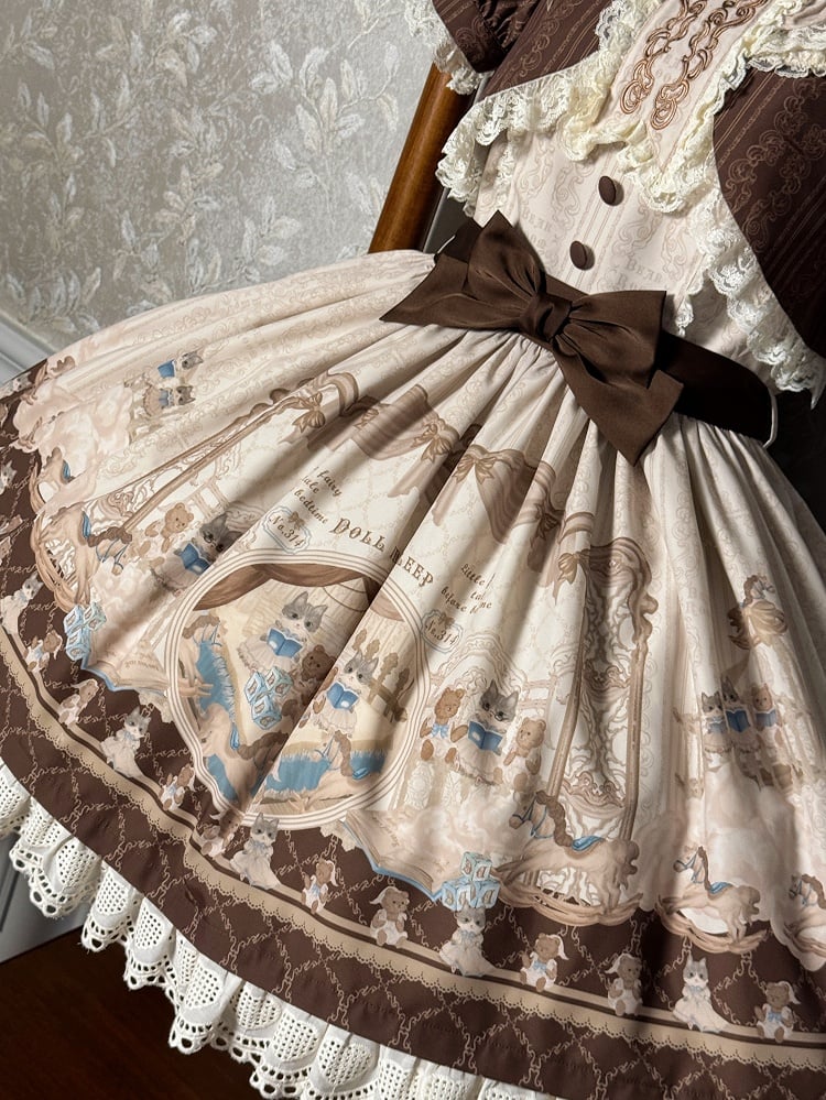 Teddy and Sweet Brown Lolita Print Ruffle Round Dress Neck Kitty OP
