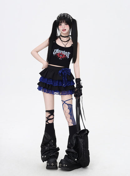 Contrast Blue Lace Trim Black Elastic Tiered Skirt Y2K Waist