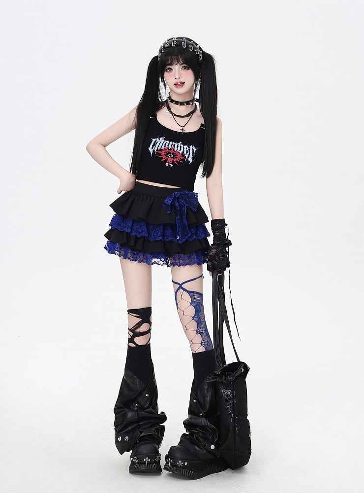 ウエストY2Kティアードスカート ブルーレーストリム ブラックエラスティックコントラスト